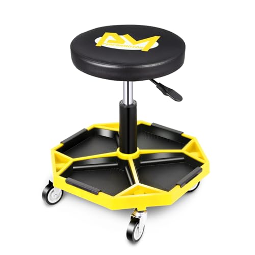 PM PERFORMOTOR Adjustable Height Pneumatic Garage Seat Rolling Mechanic Stool with Tool Tray Storage,300lbs Max Weight Capacity, Yellow,PM-TOL-ATS-YL - color: Yellow