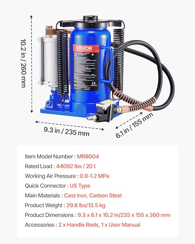 VEVOR Air Hydraulic Bottle Jack, 20 Ton (44092 lbs) Capacity, 10.2-19.5 Inch Lifting Range, Pneumatic/Manual Heavy Duty Welded Bottle Jack with Pump for Car, SUV, Pickup, Truck, RV, Auto Repair - color: blue
