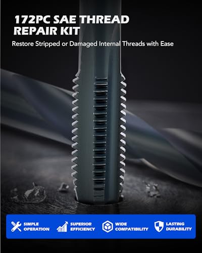 Orion Motor Tech 172pc Thread Repair Kit, SAE Thread Restorer Kit with HSS Drill Bits Taps Inserts Breakoff Installation Tools, Auto Rethreading Restorer Tool Kit in 1/4" 5/16" 3/8" 7/16" 1/2" - size: SAE Set