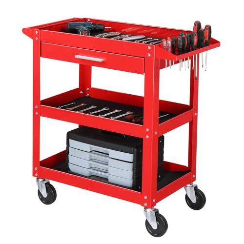 TUFFIOM 3 Tier Rolling Tool Cart on Wheels with Drawer, 330 LBS Capacity, Heavy Duty Commercial Utility Tool Service Cart, Tool Organizer for Mechanic, Garage, Warehouse & Repair Shop - color: Red(3-tier-with Drawer)