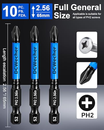 10-Pack 2 Phillips Bits for Impact Driver, 2.5-Inch Magnetic Drill Screwdriver Bit Set, with 1/4" Hex Shank S2 Steel, for Power Drill, Professional & DIY - size: 2.5 inch 10pcs ph2