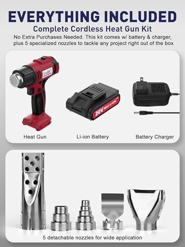 Cordless Heat Gun, Max 100 Minutes Run Time, Max 1022℉ (Battery Included) | Portable Heat Gun Kit for Vinyl Wrap, Resin, Crafting & Shrink Tubing | 5 Nozzles, Battery, and Battery Charger Included