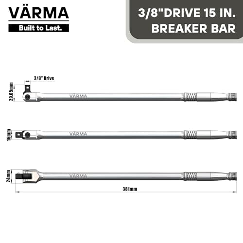 3/8-Inch Drive Breaker Bar, 15-Inch – Heavy Duty CR-MO Head & 15mm Thick Shaft – Dual-Knurled Non-Slip Grip, Constant Tension Flex Head, Premium Mirror Chrome Finish - size: 3/8" Drive x 15"