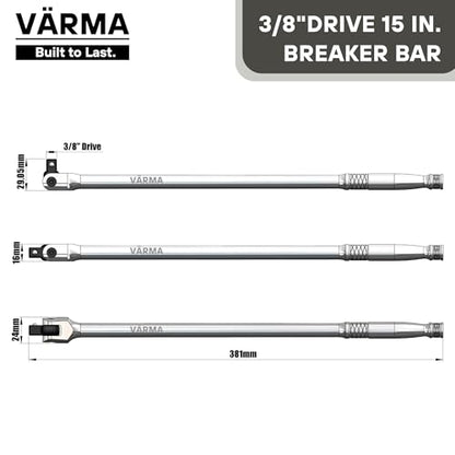 3/8-Inch Drive Breaker Bar, 15-Inch – Heavy Duty CR-MO Head & 15mm Thick Shaft – Dual-Knurled Non-Slip Grip, Constant Tension Flex Head, Premium Mirror Chrome Finish - size: 3/8" Drive x 15"