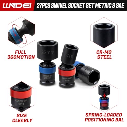 LLNDEI 27Pcs 3/8" Drive Swivel Impact Socket Set, CR-MO Swivel Socket Set Metric(8-22mm)& SAE(5/16-3/4),6 Point Wobble Socket Set with Ratchet Wrench, Extension Bar and Adapters. - size: 27Pcs 3/8" Swivel Socket Set S&M