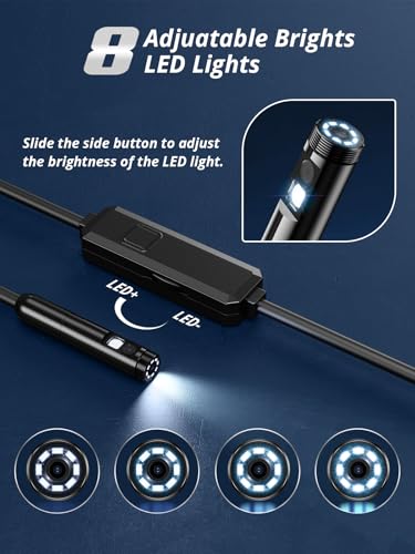 Acoath Endoscope Camera with Light, Dual-Lens 1920P HD Borescope with 8 Adjustable LED Lights, IP67 Waterproof Boroscope Inspection Tools, 9.8ft Semi-Rigid Snake Camera for iOS & Android - size: 9.8FT Snake Camera