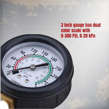 Engine Compression Tester Kit – PMD Products, Small Engine Diagnostics with 10MM, 12MM, 14MM, 18MM Spark Plug Adapters, Dual-Scale 0-300 PSI Gauge for Motorcycles, Cars, and More
