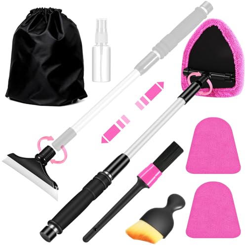 Pink Windshield Cleaner Tool, Car Interior Cleaning Kit with Extendable Handle and 3 Reusable Microfiber Pads, Auto Glass Wiper and Detailing Brush Kit for Car & Home Window - color: Rose Pink