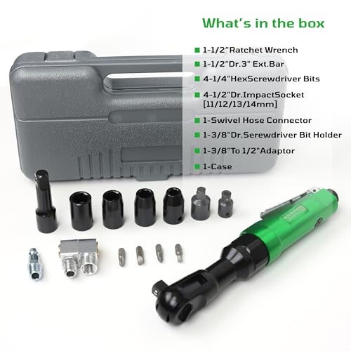 DYNAMIC POWER Professional 1/2" AIR RACHET WRENCH KIT + 4 pcs 1/2" Dr., Impact Socket(11, 12, 13, 14mm),etc - DP320024K