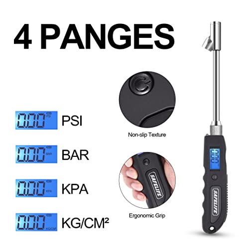 SAFELIFE Digital Tire Pressure Gauge, Heavy Duty Dual Head Stainless Steel Made Swivel Air Chuck Tire Pressure for Truck RV with Backlit LCD and Flashlight-230 PSI