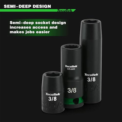 TecoTek 3/8-Inch Drive 12-Point SAE Semi-Deep Impact Socket Set, Mid-Length Socket Set, 5/16-Inch to 1-Inch, CR-MO, Stamped and Ink Filled Size Marking, 12-Piece - size: 5/16-Inch to 1-Inch