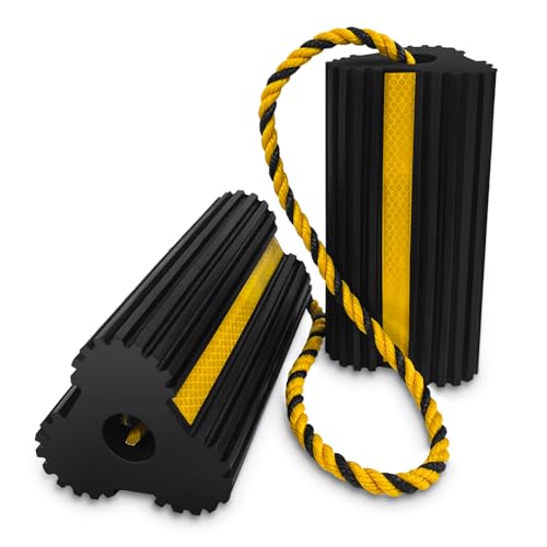 ROBLOCK Heavy Duty Wheel Chocks, Rubber Wheel Block Non-Slip Base with Nylon Rope Yellow Reflective Tape - 1 Pair Black, Wheel Stoppers for Travel Trailers, RV, Aircraft, Car, Camper, Truck - color: 2pack