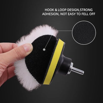 Wool Buffing Polishing Pad, SPTA 3 Inch (75mm) Lambwool Wool Buffing polishing Pads With Pad Clean Tool, 6 Pcs Kit with Hook & Loop 5/8"-11 Thread Drill Adapter for Car Polishing and Buffing QA0798SET - size: 80mm Sets