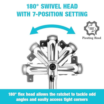 DURATECH 3/8-Inch Drive Flex-Head Ratchet, 90-Tooth Quick-Release Ratchet Wrench with 180° Pivoting Head and 7-Position Setting, Reversible, CR-V Made, CR-MO Head, 4° Swing, Full Polished, Men Gifts - size: 3/8"(Polished)