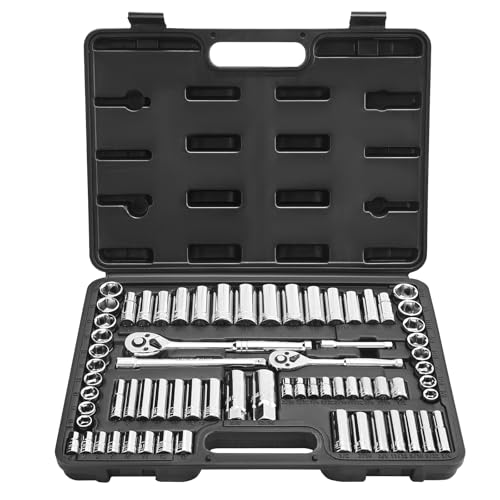 VEVOR Socket Set, 69 Pieces, 3/8 & 1/4 inch Drive Socket and Ratchet Set, SAE and Metric, Deep and Standard, Mechanic Tool Kit with Accessories and Storage Case, CR-V Alloy Steel, for Auto Repair - size: 1/4"&3/8", style: 69 PCS