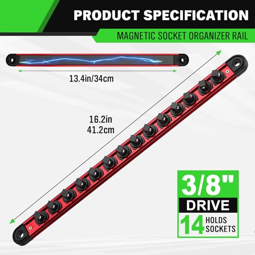 3/8-Inch Magnetic Socket Organizer Rail, Aluminum Alloy Socket Rail, Heavy Duty Sockets Holder with 14 Clips, 360° Swivel Clip Tool Tray, Sockets Organizer for Tool Box Drawer (Red) - style: Red 3/8-inch