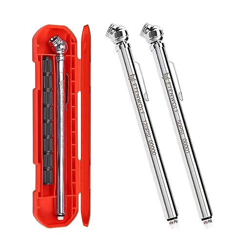 ETENWOLF Pencil Tire Pressure Gauge 2 Pack (10-50PSI, 20-120PSI) with 16 Tire Caps Calibrated to ANSI B40.1 Grade B(2%), Stainless Steel Body, Car Accessories for Cars, Pickups, RVs, Bicycles