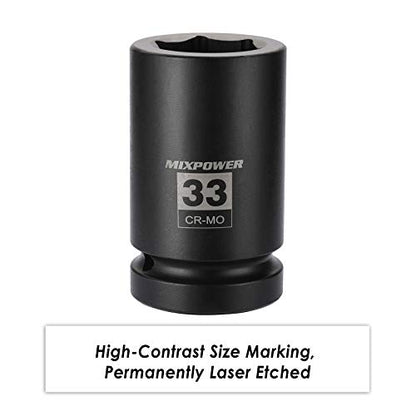 MIXPOWER 1 Inch Drive Deep Impact Socket, CR-MO, 33mm, 6 Point, Radius Corner Design, Chamfered Opening, Axle Nut Impact Grade Socket for Easy Removal - size: 33mm (1 Piece)