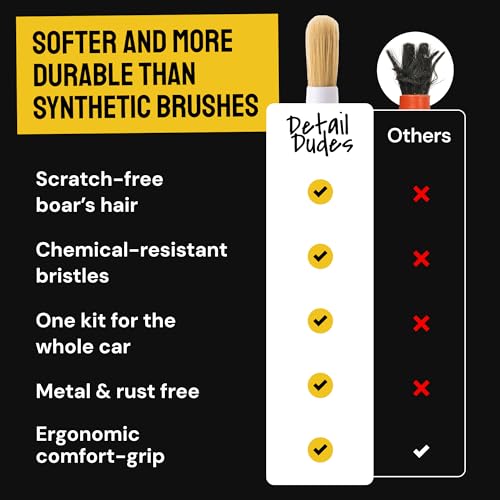 Car Detailing Brush Set 9-Pack with Tire and Wheel Brushes - Detail Dudes | 6-pc Scratch-Free Interior Boars Hair Brushes - 1-pc Exterior Tire Brush, Tire Dressing Applicator and Wheel Brush - size: 9 Pack (Full Kit)