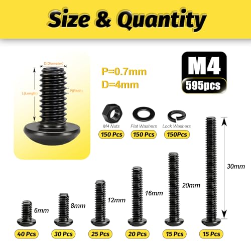Kadrick 595Pcs M4 Screw Assortment,Machine Screws with Nuts Washers, Grade 10.9 Alloy Steel Hex Socket Button Head Black M4 Bolts Kit,Lenth Form 6mm-30mm - size: M4 600Pcs 6-30mm