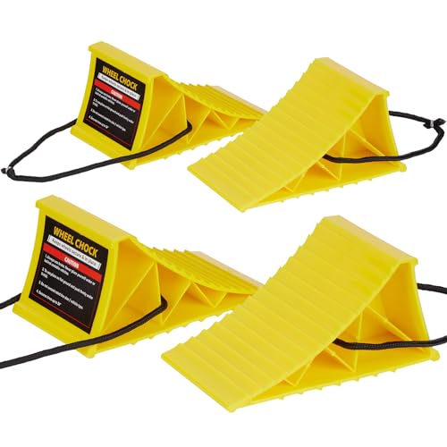 PAHTTO Wheel Chocks, 4Pack Heavy Duty Wheel Chocks with Rope for Easy Removal, Durable, Non-Slip, Hard Plastic Wheel Chocks for, RV, Camper, Effective in Keeping Your Vehicle in Place, Yellow - color: Yellow