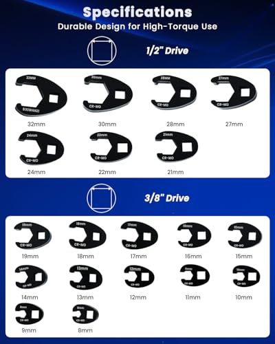SIXIWANZI 19 Piece Metric Crowfoot Wrench Set, Crowfoot Flare Nut Wrenches 8-32 mm, 3/8" & 1/2" Drive Crows Foot Wrenches Set