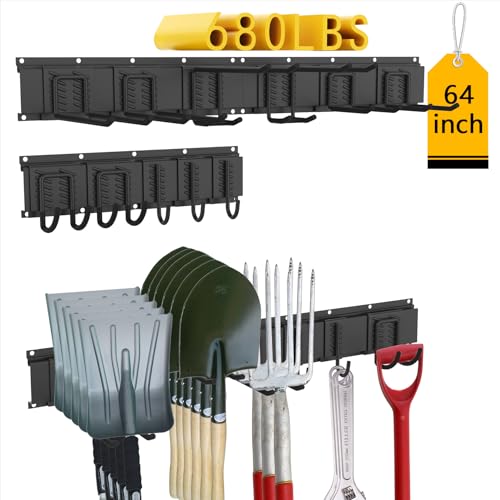 CBWLWJ Garage Tool Organizer Wall Mount, 64 inch Garage Wall Organizer, 680lbs Sturdy Garden Tool Organizer with 11 Adjustable Hooks, for Yard, Shed, Basement, Workshop(Black) - size: 64inch+11Hooks