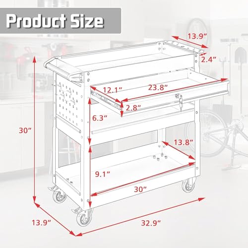 3 Tray Rolling Tool Cart with Drawers, 400 LBS Capacity Mechanic Tool Cart on Wheels, Heavy Duty Utility Cart with Pegboard for Garage, Warehouse and Repair Shop, Red - color: Red