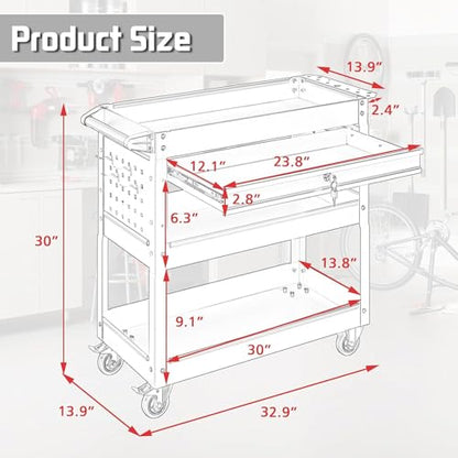 3 Tray Rolling Tool Cart with Drawers, 400 LBS Capacity Mechanic Tool Cart on Wheels, Heavy Duty Utility Cart with Pegboard for Garage, Warehouse and Repair Shop, Red - color: Red