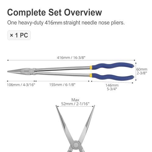 QWORK 16 Inch Long Reach Needle Nose Pliers, Straight Long Nose with Narrow Jaws, Chrome Vanadium Steel Mechanic Pliers for Tight Spaces, Auto/Motorcycle Repair, Machinery & Pipeline Maintenance