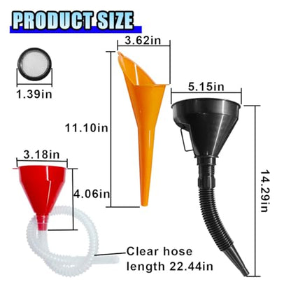 3PCS Car Funnels Set, Universal Long Neck Oil Funnel, Flexible Wide Mouth Funnel with Removable Filter & Nozzle, Right Angle Funnel Plastic Fuel Funnel for Gasoline/Coolant/Engine Oil/Water