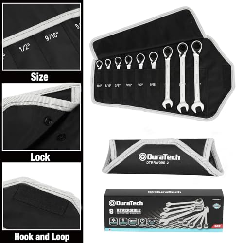 DURATECH Reversible Ratcheting Combination Wrench Set, SAE, 9-Piece, Open end Spanner with Rolling Pouch, 1/4'' to 3/4", 12 Point, CR-V Steel - size: Sae