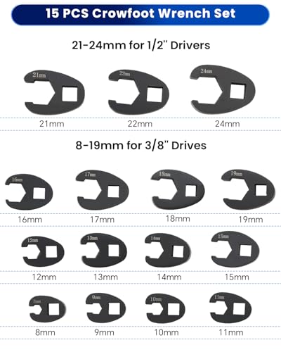 ATPEAM Crowfoot Wrench Set for 8mm to 24 mm Flare Nuts 15PCS Metric Crows Foot Wrench Kit Nut Removal Crowfoot Flare Nut Tool set