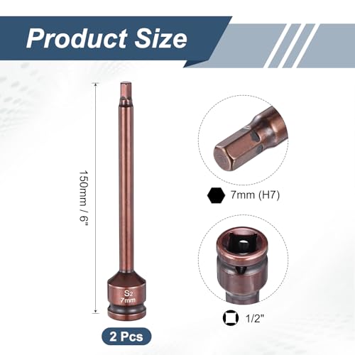 HARFINGTON 2pcs Impact Hex Bit Socket 1/2" Drive 7H (7mm) Hex Bits 6" Length S2 Steel Metric Impact Wrench Socket Adapter Tool for Automotive Repair Industrial Construction and Home DIY - size: H7 x 1/2" x 6"