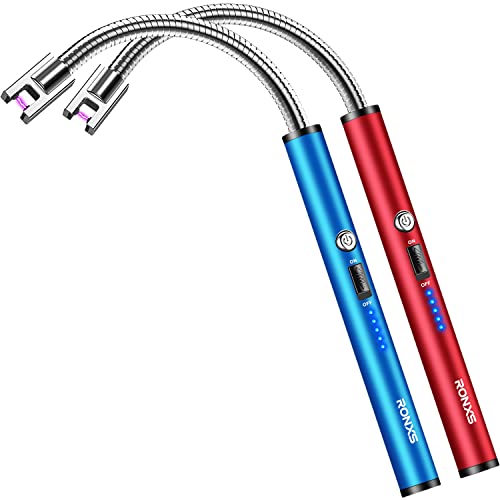 RONXS Electric Candle Lighter, Windproof Rechargeable Long Lighter, 2PCS | Flameless, Safety Lock, LED Battery Display, Flexible Long Neck for Candles Grill BBQ Camping, Type C Cable, Red&Blue - color: M-red&blue