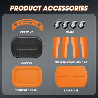 DNA Motoring Removable Rolling Garage Stool with Seat Cushion & Tool Tray Plate, 300lbs Max Weight Capacity, Orange, TOOLS-00479-OG - color: Orange