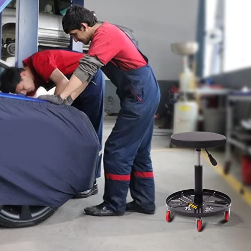 Heavy Duty Roller Seat, Pneumatic Mechanic Roller Seat, 2” Thick Padded Cushion, Adjustable Rolling Stool Chair Swivel w/Tool Tray, for Garage, Workshop and Auto Repair Shop, 300lbs (Black)