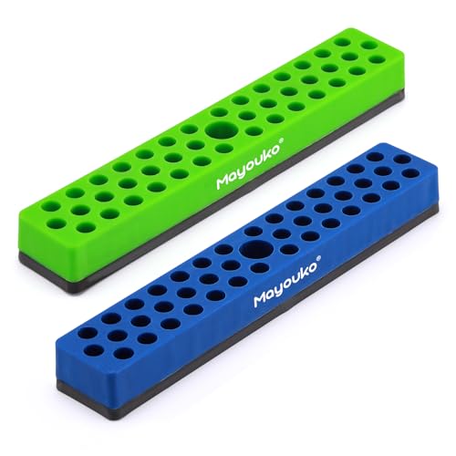 Mayouko 1/4" Magnetic Hex Bit Holder Rack Organizer, 43 Holes, 1/4-Inch Drill Bit Holder, Green&Blue, 2 Racks, Magnetic Bit Holder with Magnet Base for Screwdriver Bits - color: Green,blue