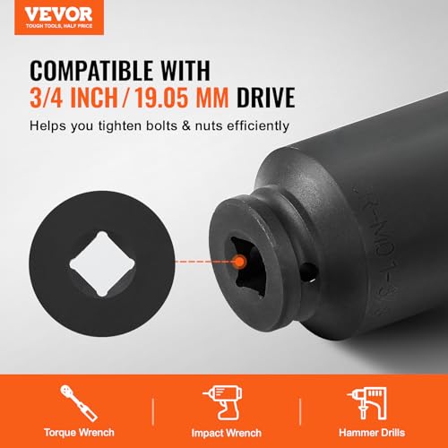VEVOR Axle Nut Impact Socket Set - 3/4" Drive Deep 6-Point 8-Piece SAE Spindle Nut Socket CR-MO Heat Treated Large Socket Set with Storage Case for Auto Repair, Removing or Installing Axle Nuts - style: 3/4" 8PCS SAE CR-MO