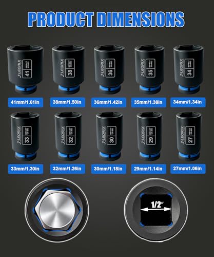 1/2" Drive Axle Nut Socket Set, 10PCS Metric Sockets 27-41mm | Heat Treated CR-MO, Deep Well Design, High Torque Impact Use, Truck Axles, Trailer Hubs, Wheel Bearing Service