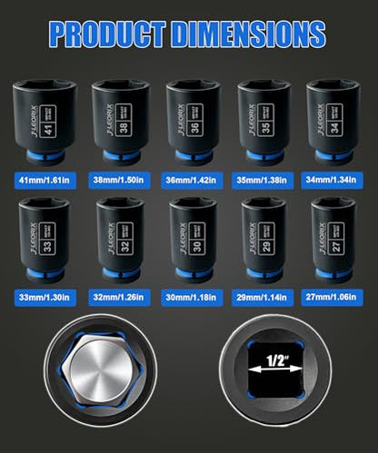 1/2" Drive Axle Nut Socket Set, 10PCS Metric Sockets 27-41mm | Heat Treated CR-MO, Deep Well Design, High Torque Impact Use, Truck Axles, Trailer Hubs, Wheel Bearing Service