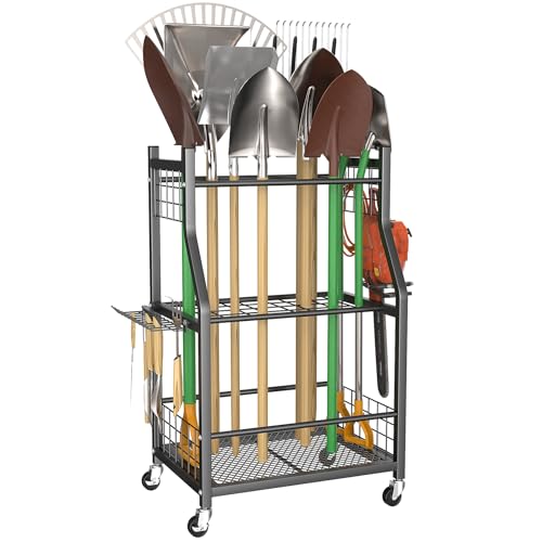 WALMANN Garden Tool Organizer with Wheels for Garage, Rakes/Shovels/Yard Tools Storage Stand for Garden, Shed, Indoor/Outdoor Long-Handled Tools Rolling Cart - style: Medium-stand
