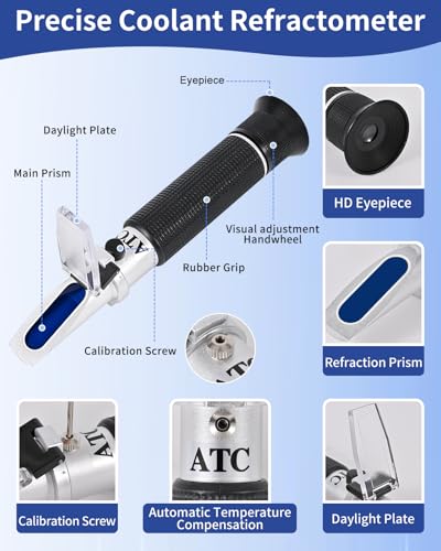 4-in-1 Antifreeze Coolant Refractometer, DEF Refractometer with ATC, Automotive Antifreeze Tester for Ethylene Glycol, Propylene Glycol, Diesel Exhaust Fluid, Battery Acid & Windshield Washer Fluid