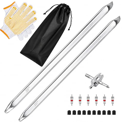 COZILO 2 Pack 20 Inch Tire Spoons, Heavy Duty Tire Irons for Tire Changing, Flat & Curved Tire Lever Bar with Valve Core Kit, Gloves & Bag for Cars, Motorcycles, Dirt Bikes, Lawn Mowers