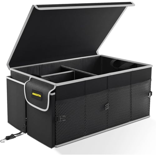 MIKKUPPA Car Trunk Organizer - 65L Collapsible Trunk Organizer with Lid, Sturdy Car Storage for SUV Auto Truck Van with Adjustable Straps and Non Slip Bottom - color: Black (White Edge), size: Large - With Lid
