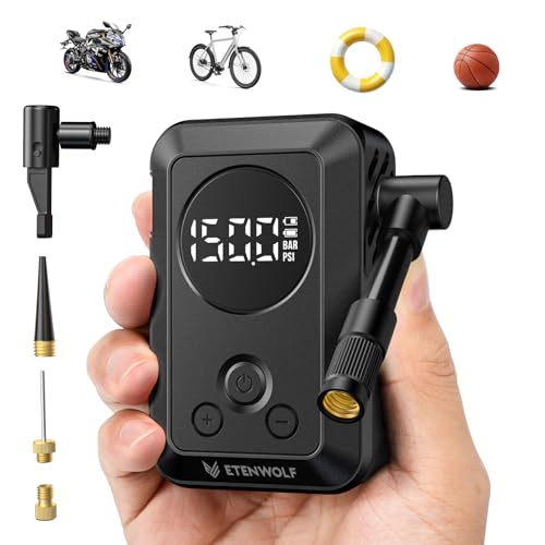 ETENWOLF S0 Mini Bike Pump, 20s Fast Inflate Bicycle Pump with Gauge | 150PSI Portable Electric Bike Air Pump with Presta and Schrader Valve for Mountain Bike, Road Bike, Motorcycle, Sport Balls - color: Black