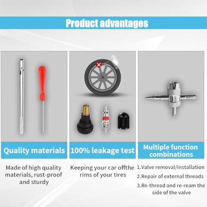 GLSOWEE Tire Valve Stem Puller Installer Tool Kit, 6 Pcs TR412 Snap-in Valve Stems & Valve Stem Cores, 4-Way Valve Tool & Single Head Tire Valve Core Remover Installer Tool (15PCS) - size: 15PCS