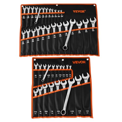 VEVOR Combination Wrench Set, 44-Piece SAE and Metric, 12-Point Box End and 15° Angled Open End Combination Wrenches with Roll Up Pouch, Carbon Steel, for General Household and Automotive Repairs - size: 44PCS (Metric&SAE), style: Regular