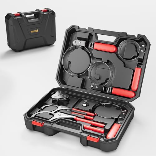 KOOPOOL 8Pc Oil Filter Wrench Set – Fits 2-3/4" to 5-1/4" | 8-piece oil filter removal tool set: 2 adjustable pliers (9" & 12"), swivel wrenches, adapter. Organized in storage case