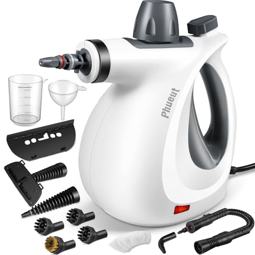 Phueut Pressurized Handheld Multi-Surface Natural Steam Cleaner with 12 pcs Accessories, Multi-Purpose Steamer for Home Use, Steamer for Cleaning Floor, Upholstery, Grout and Car (Grey) - color: Grey